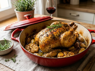 Notre recette de poulet rôti en cocotte aux herbes de Provence et ail confit